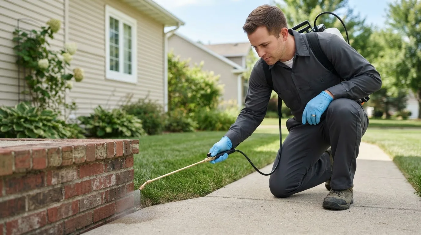 Pest control technician treating a home near Neillsville, WI